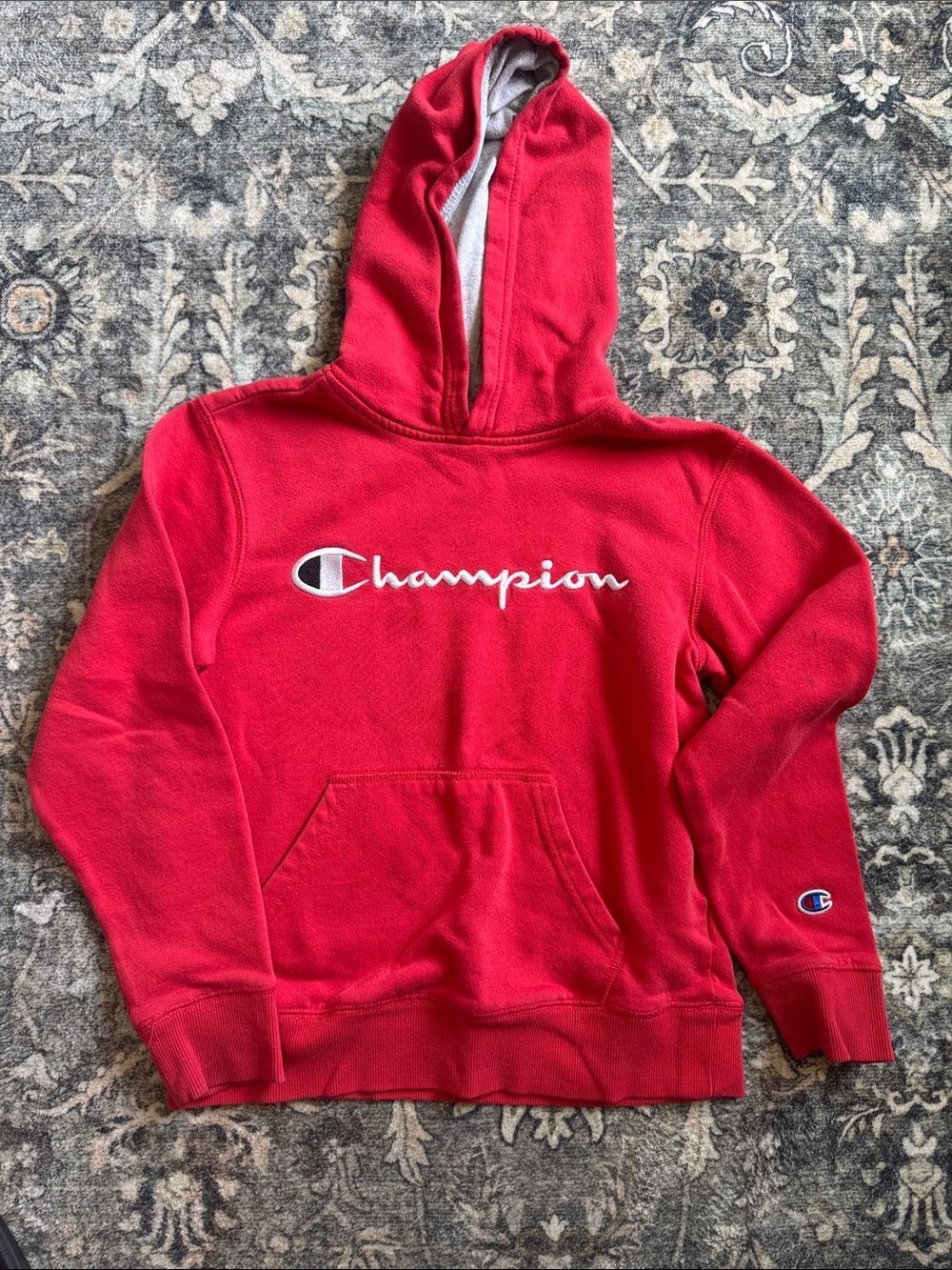 Champion Youth Red Hoodie with Gray Hood Lining and Script Logo